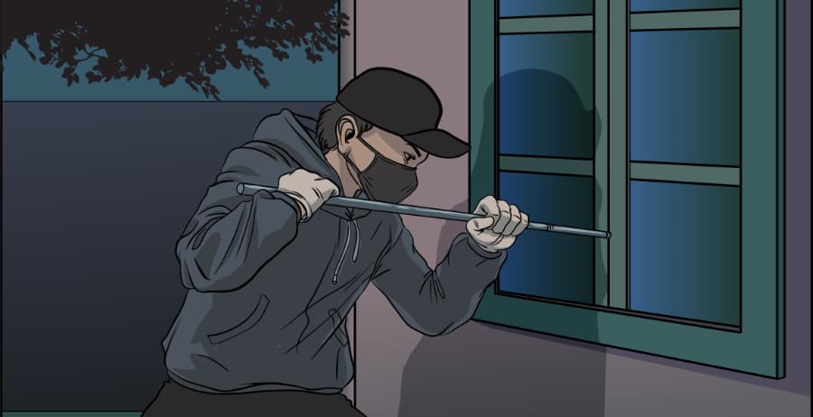 Illustration of burglar forcing entry through a window in Brooklyn