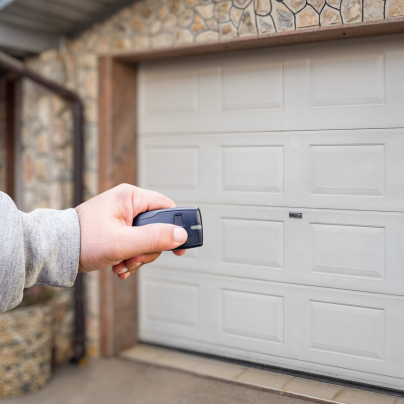 Brooklyn security key fob pointing to a garage door